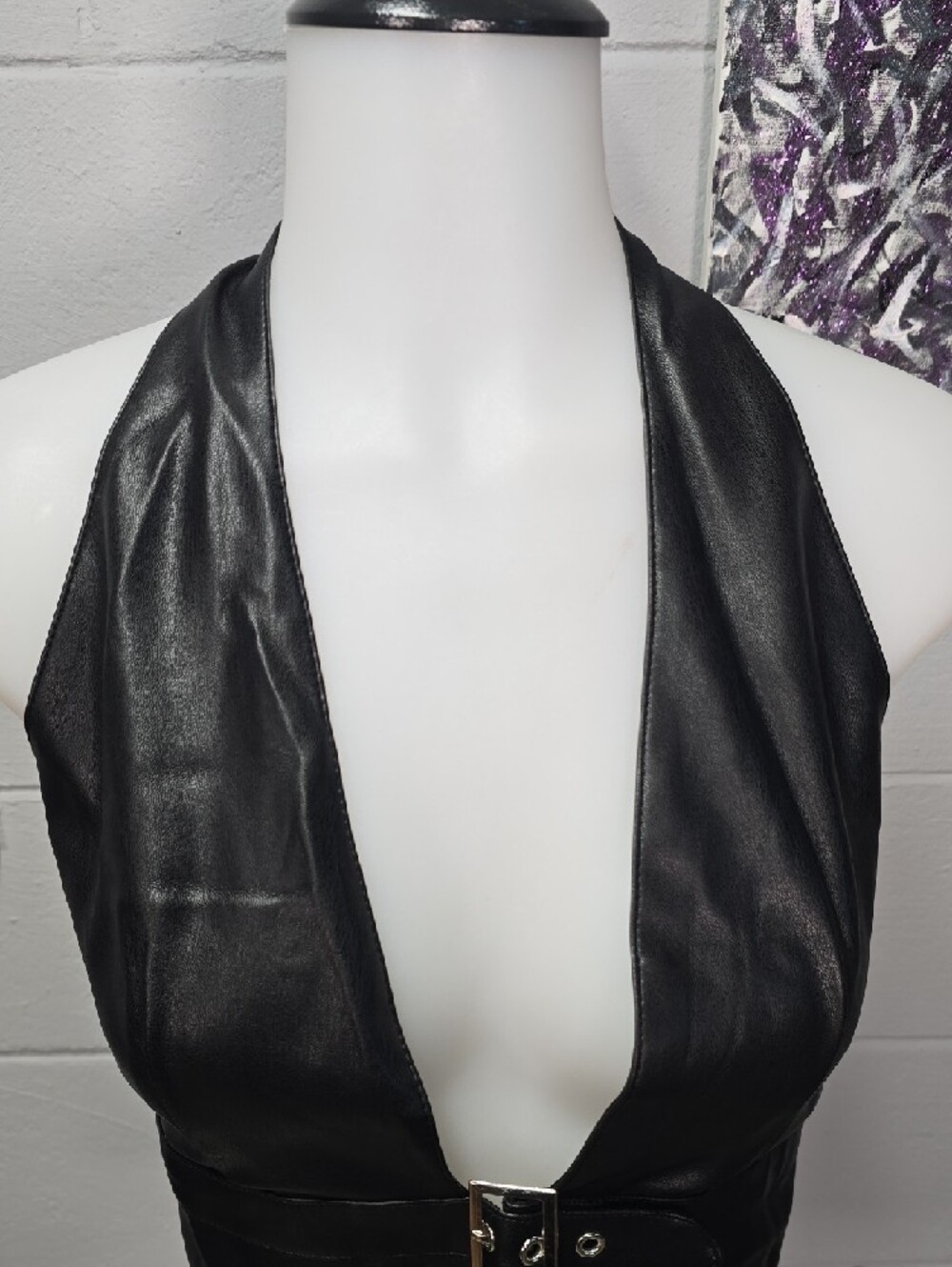 Windsor Black Faux Leather Halter Crop Top with Buckle - Picture 2 of 4